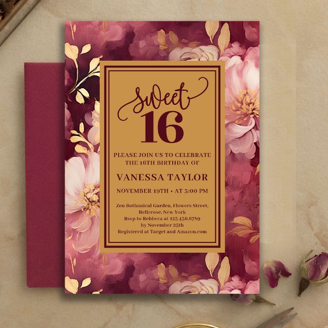 Invitation Stylish Sweet Sixteen Marsala Blush Gold Invite (Stylish Sweet Sixteen Marsala Blush Gold Invite)