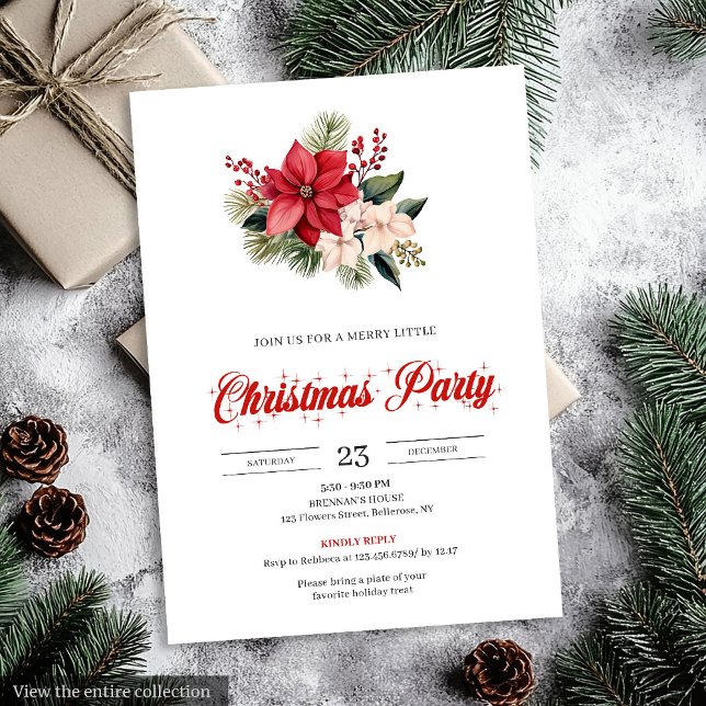 Invitation Stylish Watercolor Poinsettia Floral Christmas  (Stylish Watercolor Poinsettia Floral Christmas Invitation)