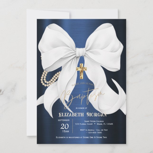 Invitation Stylish White Bow Pearls Navy Blue Metallic (Devant)
