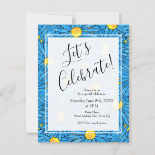 Invitation Stylo Abstrait bleu et Motif Aster aquarelle