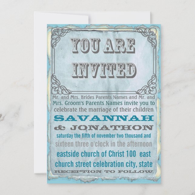 Invitation Stylo Rustique Flourish Aqua Grey Vintage Mariage (Dos)