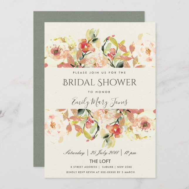 INVITATION SUBTILE PEACH ROSE COULEUR D'EAU FÊTE DES MARIÉES  (Devant / Derrière)