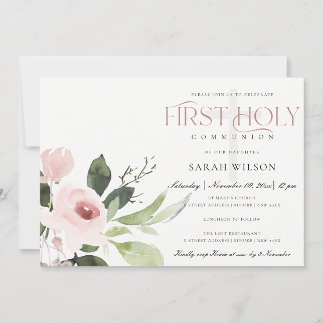 INVITATION SUBTÔT BLUSH ROSE FLORE PREMIER SAINT COMMUNION (Devant)