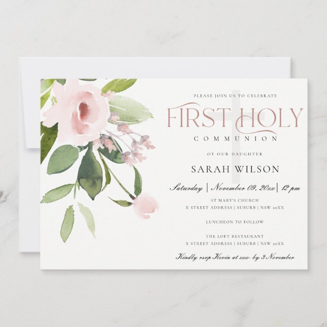 INVITATION SUBTÔT BLUSH ROSE FLORE PREMIER SAINT COMMUNION (Devant)