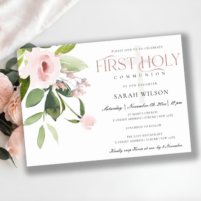 INVITATION SUBTÔT BLUSH ROSE FLORE PREMIER SAINT COMMUNION (Créateur téléchargé)