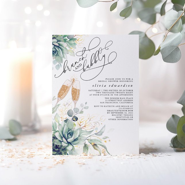 Invitation Succulent Brunch verdoyant et Fête des mariées Bub (Brunch and Bubbly Succulents Greenery Bridal Shower Invitations)