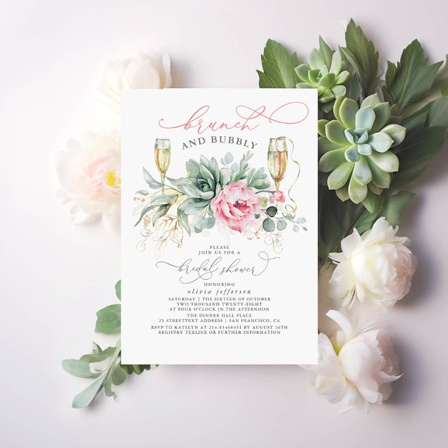 Invitation Succulent Brunch verdoyant et Fête des mariées Bub (Brunch and Bubbly Succulent Bridal Shower Invitations)