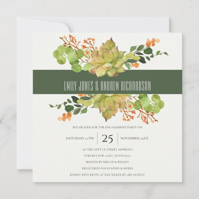 INVITATION SUCCULENT CACTUS FLORAL WATERCOLOR CUT FIANÇAILLES (Devant)