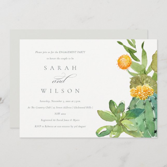 INVITATION SUCCULENT CACTUS FLORAL WATERCOLOR ENGAGEMENT (Devant / Derrière)