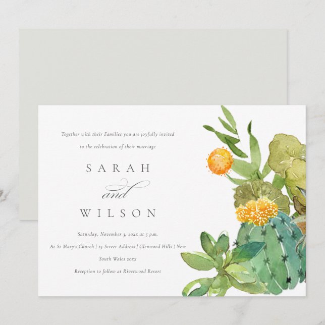 INVITATION SUCCULENT CACTUS JARDIN FLORAL MARIAGE DE COULEUR  (Devant / Derrière)