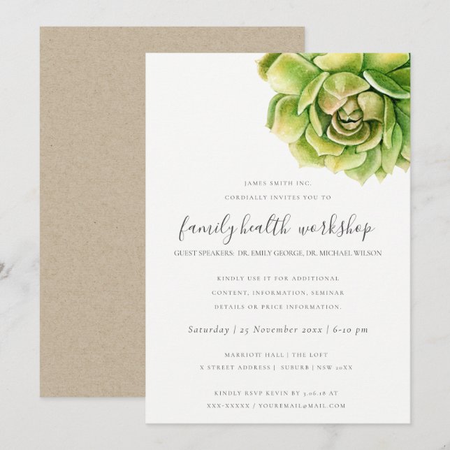 INVITATION SUCCULENT CACTUS WATERCOLOR TALK SÉMINAIRE ÉVÉNEME (Devant / Derrière)