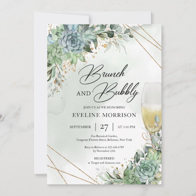 Invitation Succulent champagne verre or brunch et mousseux (Devant)
