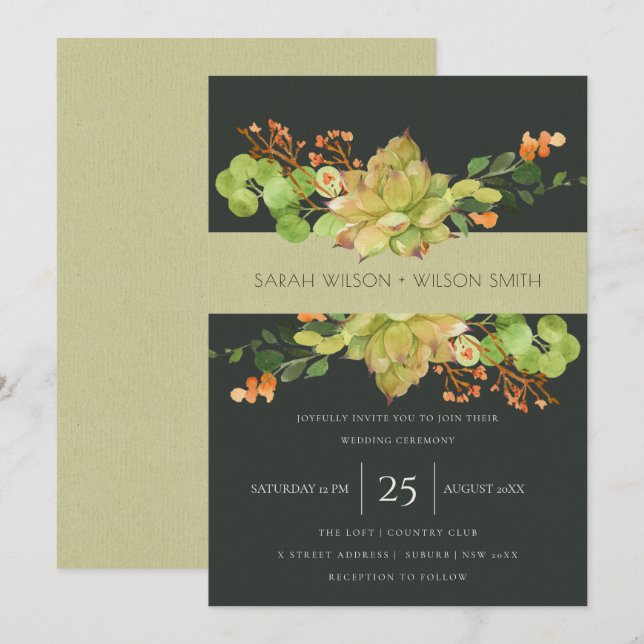 INVITATION SUCCULENT KRAFT ORANGE MARIAGE FLORAL WATERCOLOR (Devant / Derrière)