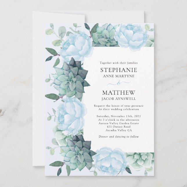 Invitation Succulent Peony Eucalyptus Dusty Mariage bleu (Devant)