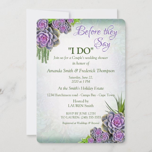 Invitation Succulent Sea Green, Violet Bouquet Wedding shower (Devant)