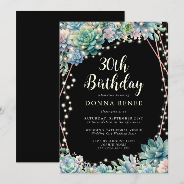Invitation Succulent String Lights Black 30th Birthday (Devant / Derrière)