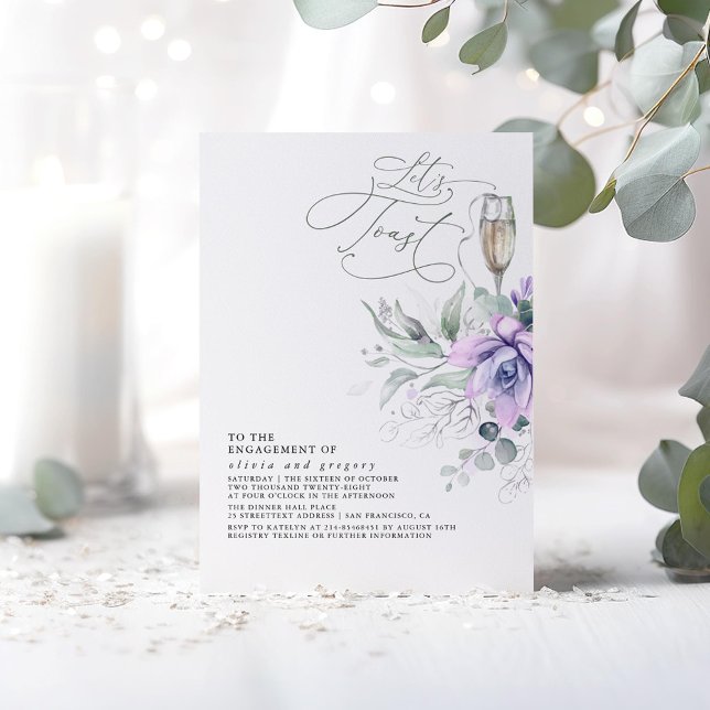 Invitation Succulent Verdure Argent Feuille (Purple Succulents Greenery "Let's Toast" Engagement Party Invitations)