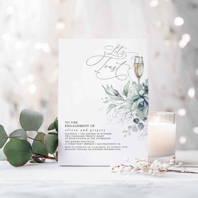 Invitation Succulent Verdure Argent Feuille (Silver Greenery Let's Toast Engagement Party Invitations)