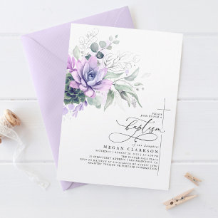 Invitation Succulent Verdure Argent Feuilles Élégant Baptême