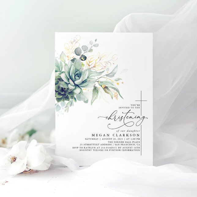 Invitation Succulent Verdure Or Feuilles Élégant Christening (Succulents Greenery Christening Invitations)