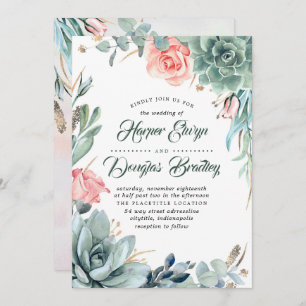 Invitation Succulent Vert rose Floral Moderne Mariage