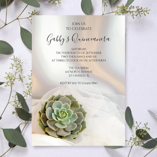 Invitation Succulent vert sur Quinceanera blanc (Créateur téléchargé)