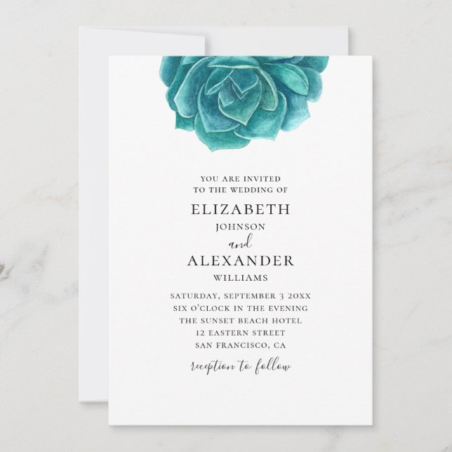 Invitation Succulente aquarelle. Mariage de cactus bleu et sa (Devant)