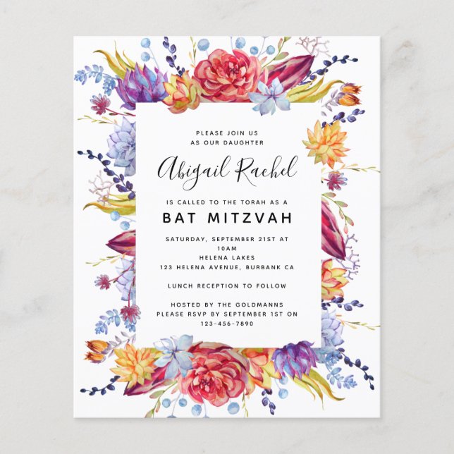 Invitation Succulente du Bat mitzvah BUDGET (Devant)