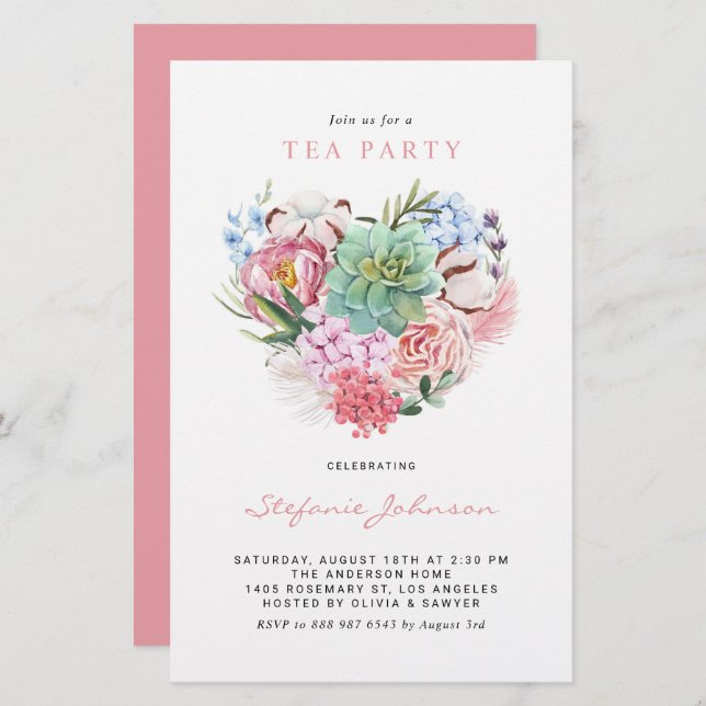 Invitation Succulente Floral Heart Tea Party (Devant / Derrière)