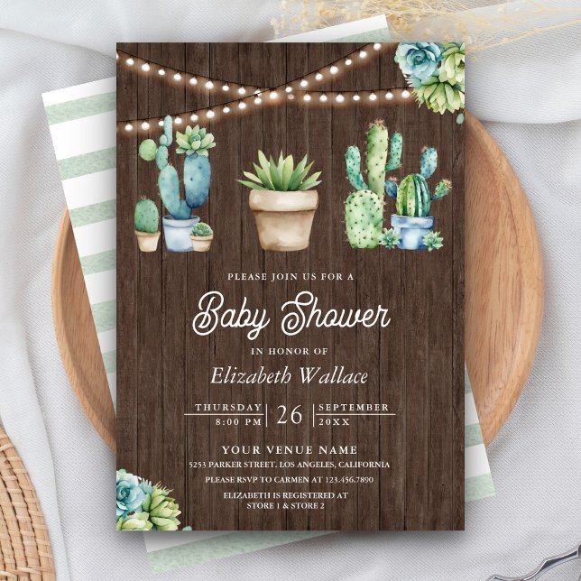 Invitation Succulente verdure Cactus Pots Baby shower en bois (Créateur téléchargé)