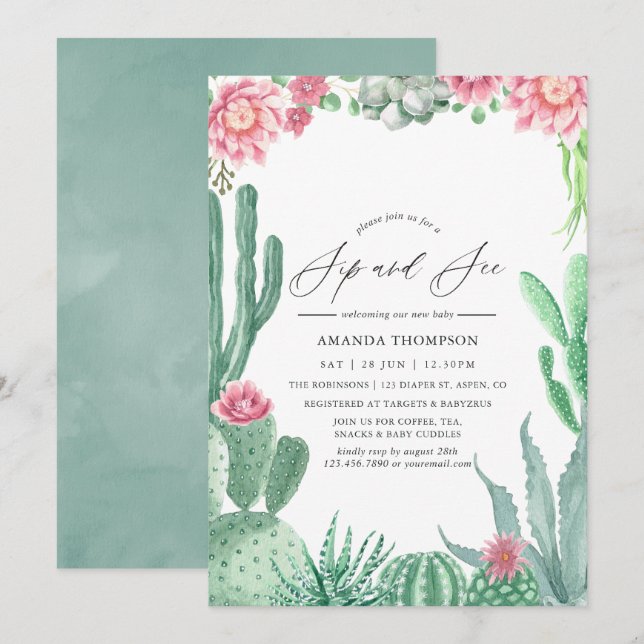 Invitation Succulentes à l'aquarelle Sip and See (Devant / Derrière)