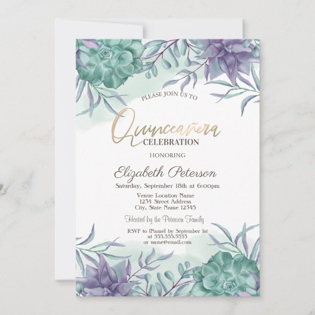 Invitation Succulentes de désert à l'aquarelle pour Quinceañe (Devant)