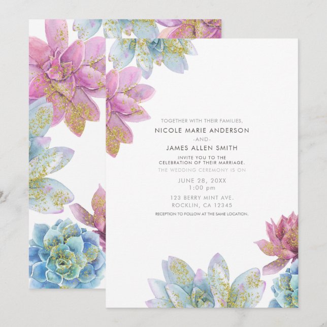 Invitation Succulentes de jardin Mariage Menthe Baies et Or (Devant / Derrière)