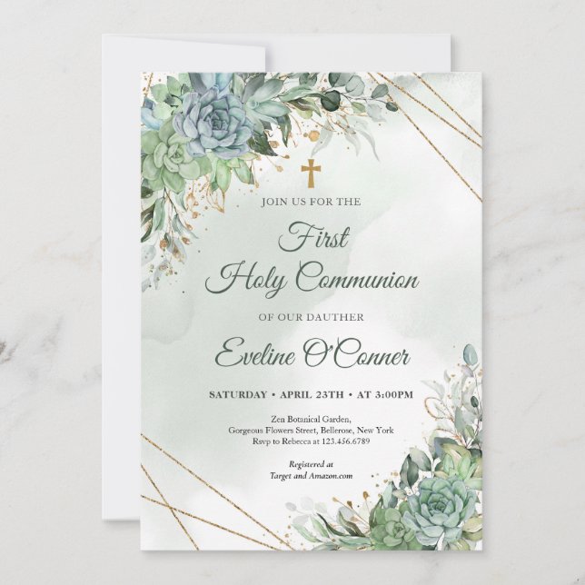 Invitation Succulentes d'été eucalyptus verdure or Baptême (Devant)