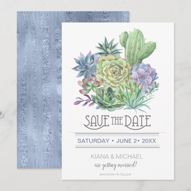Invitation Succulentes et Étincelles Enregistrez la Date Bleu (Devant / Derrière)