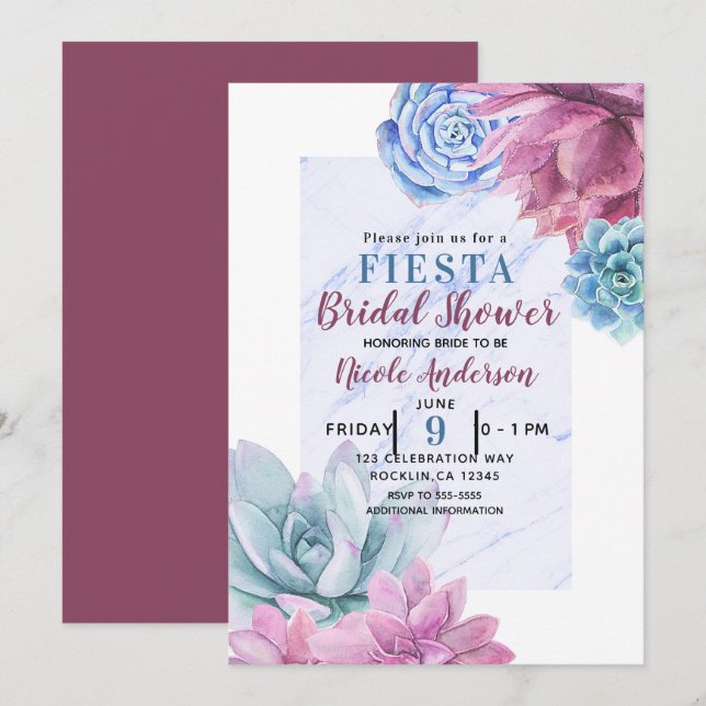 Invitation Succulentes Fête de Mariage Moderne Chic Marbre Fi (Devant / Derrière)