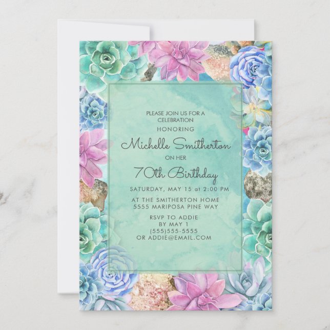 Invitation Succulentes Florales Rose Bleu Vert 70e Anniversai (Devant)