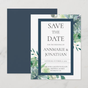 Invitation Succulentes Vertes & Indigo Fleurs Blanches Mariag