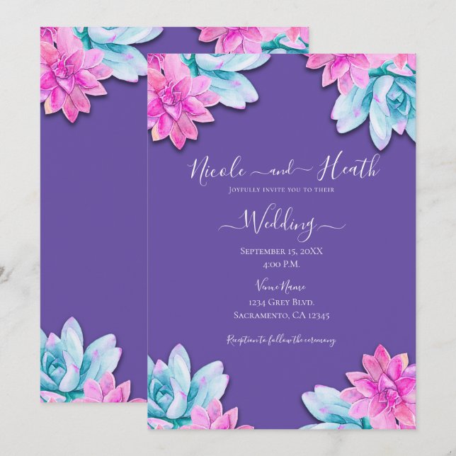 Invitation Succulentes violettes roses Mariage moderne Fiesta (Devant / Derrière)