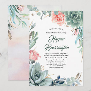 Invitation Succulents Baby shower verdoyant et rose rose