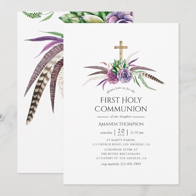 Invitation Succulents Boho Mystiques Première Sainte Communio (Devant / Derrière)