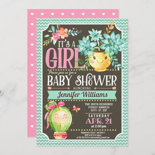 Invitation Succulents, Cactus Girl Garden Baby shower (Devant / Derrière)