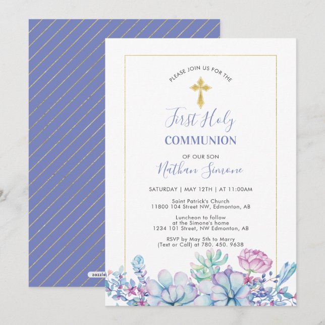 Invitation Succulents & Croix |  Première Sainte Communion (Devant / Derrière)