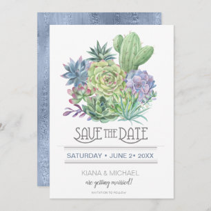 Invitation Succulents et étincelles Enregistrer la date Blue
