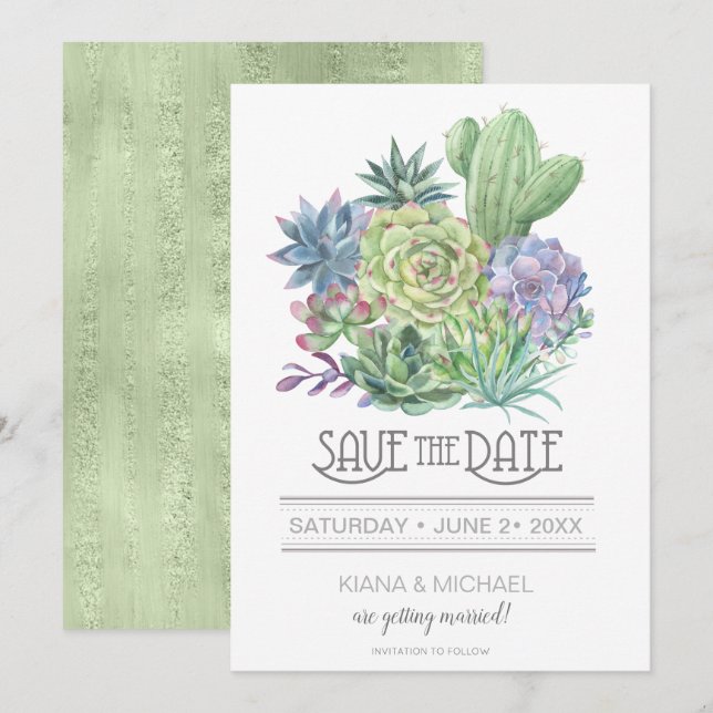Invitation Succulents et Étincelles Enregistrez la Date Vert  (Devant / Derrière)