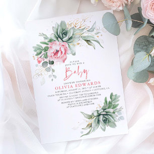 Invitation Succulents et Fleurs roses Fille Baby shower Invit