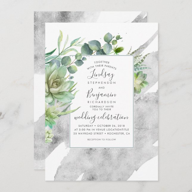 Invitation Succulents et Mariage d'aquarelle argenté (Devant / Derrière)