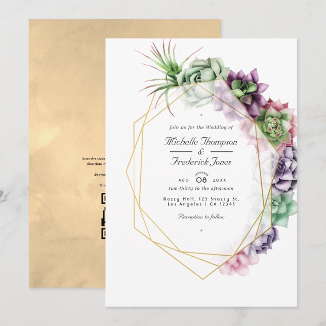 Invitation Succulents Géométriques  Code QR RSVP Mariage de J (Devant / Derrière)