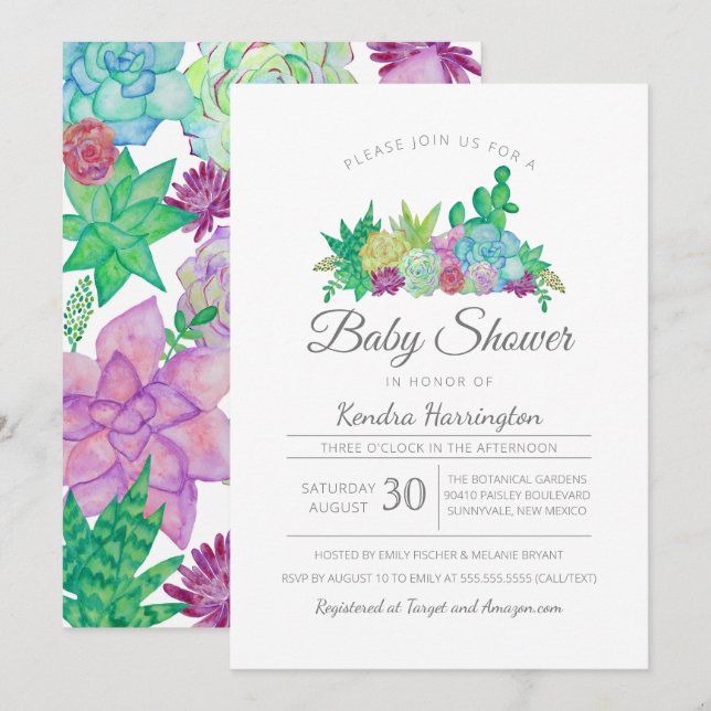 Invitation Succulents simples et cactus Baby shower moderne (Devant / Derrière)