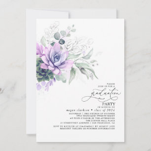 Invitation Succulents Verdure Argent Feuilles Boho Graduation